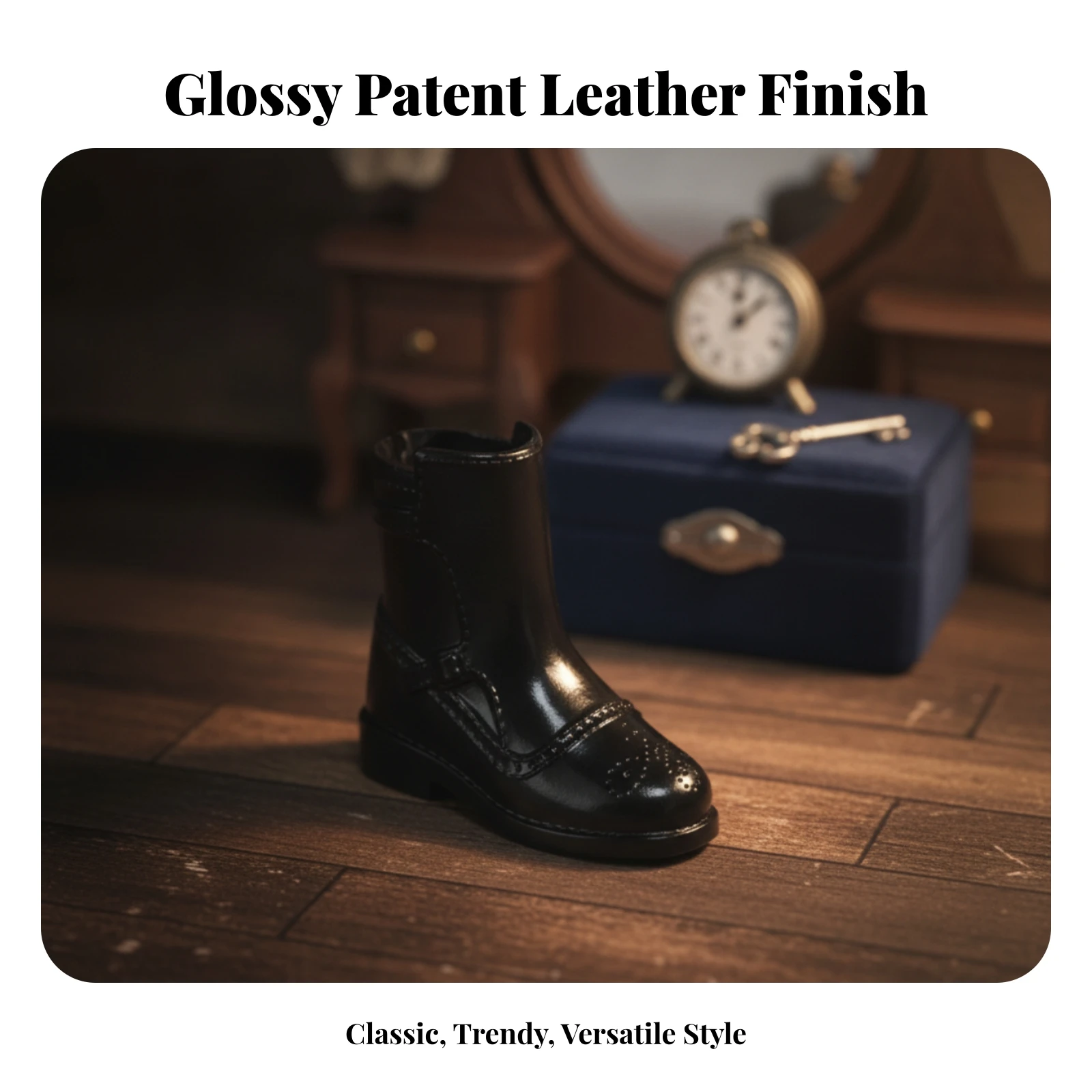 Glossy Doll Ankle Boots Side Zipper Ankle-High Doll Boots Miniature Footwear Buckle Strap Low Block Heel