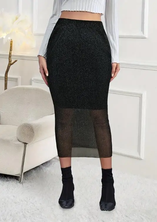 

Sexy Elegant Women's Skirt with Gold and Silver Mesh Fabric See Through Knitted Elastic Half Skirt Romantic Hip Hugging Skirt