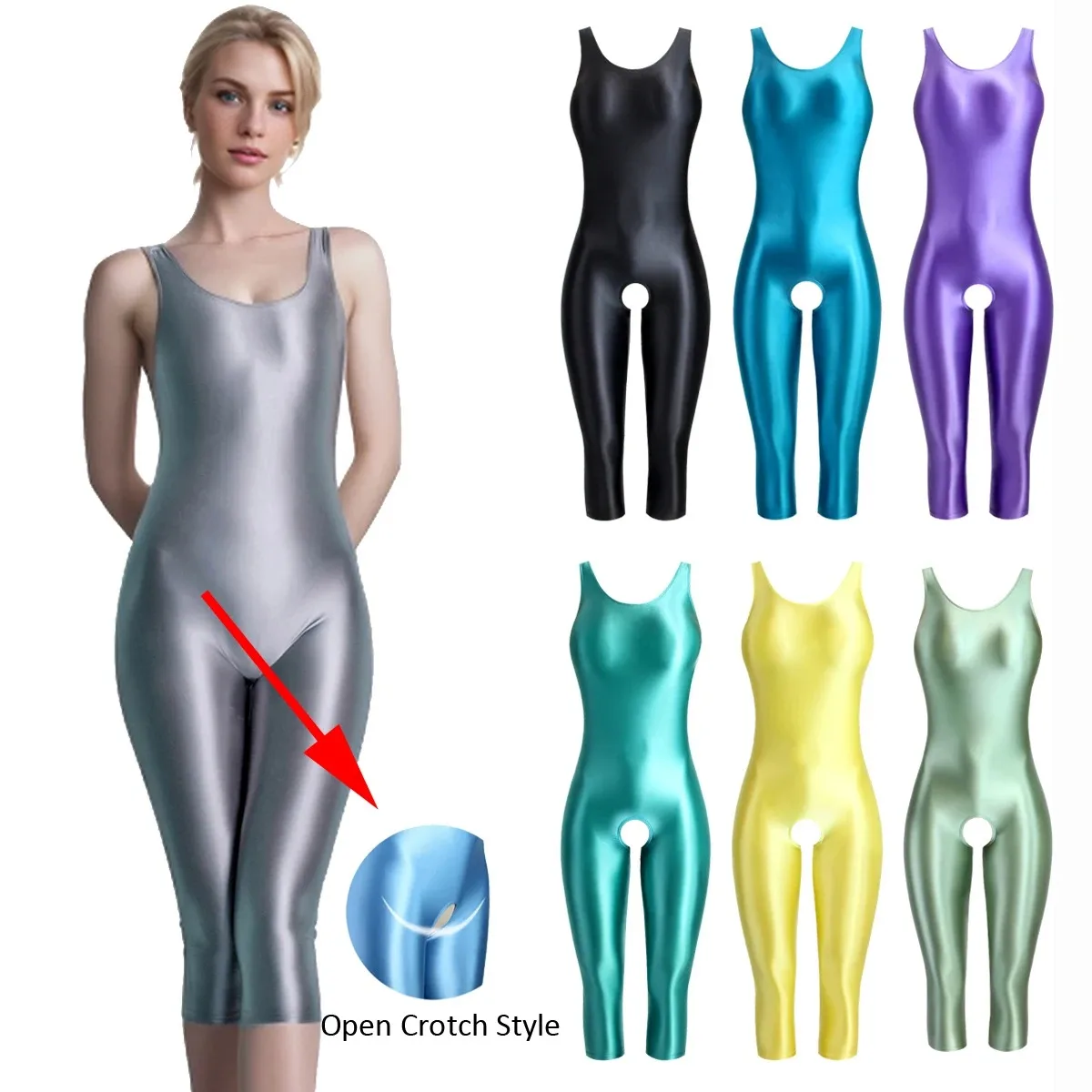 

Women's Glossy See through Swimsuit Shiny Shapewear Sports Oily plus Size Men Body Suit Vest Five-Point Pants Tights for Women
