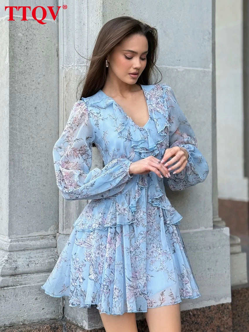 

TTQV Fashion Loose Print Women's Dress Sexy V-Neck Long Sleeve Mini Dresses Elegant Classic Pleated Female Dress Streetwear