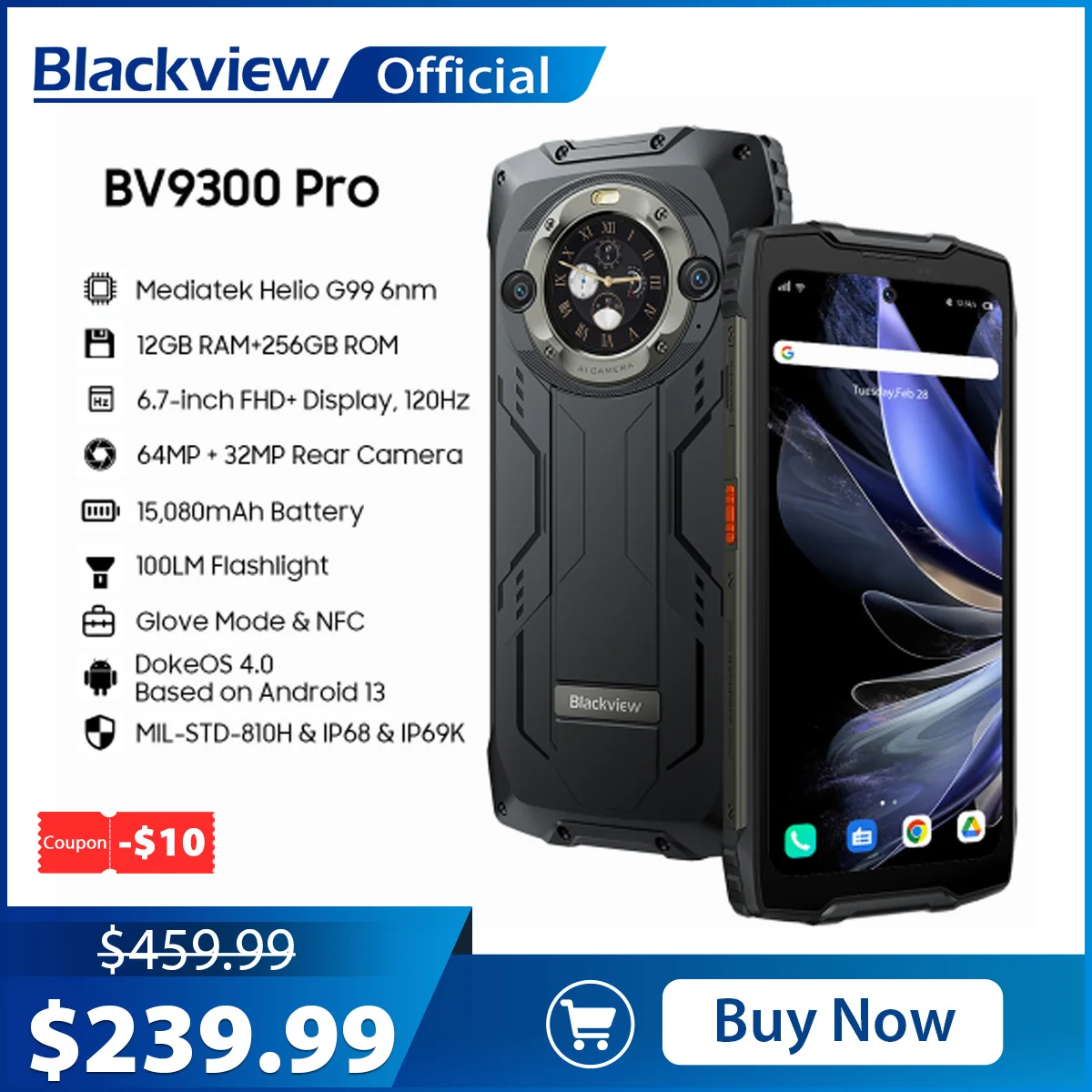 

Blackview BV9300 Pro Helio G99 Rugged Phone Android 13 12GB 256GB 6.7" 120Hz Display, 15080mAh With 33W Charge 100LM Flashlight