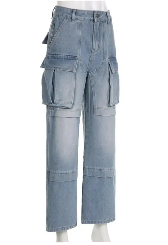 Multi-Pocket Washed Cargo Pants Women Y2K Spliced Streetwear High-Rise Loose Straight-Leg Jeans