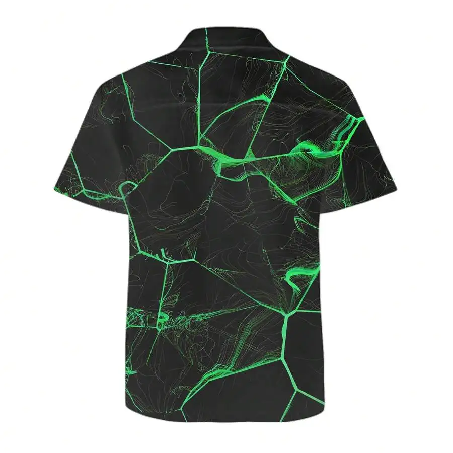 

Mens Casual Short Sleeve Shirt With Neon Green Fractal Pattern For Rave Party