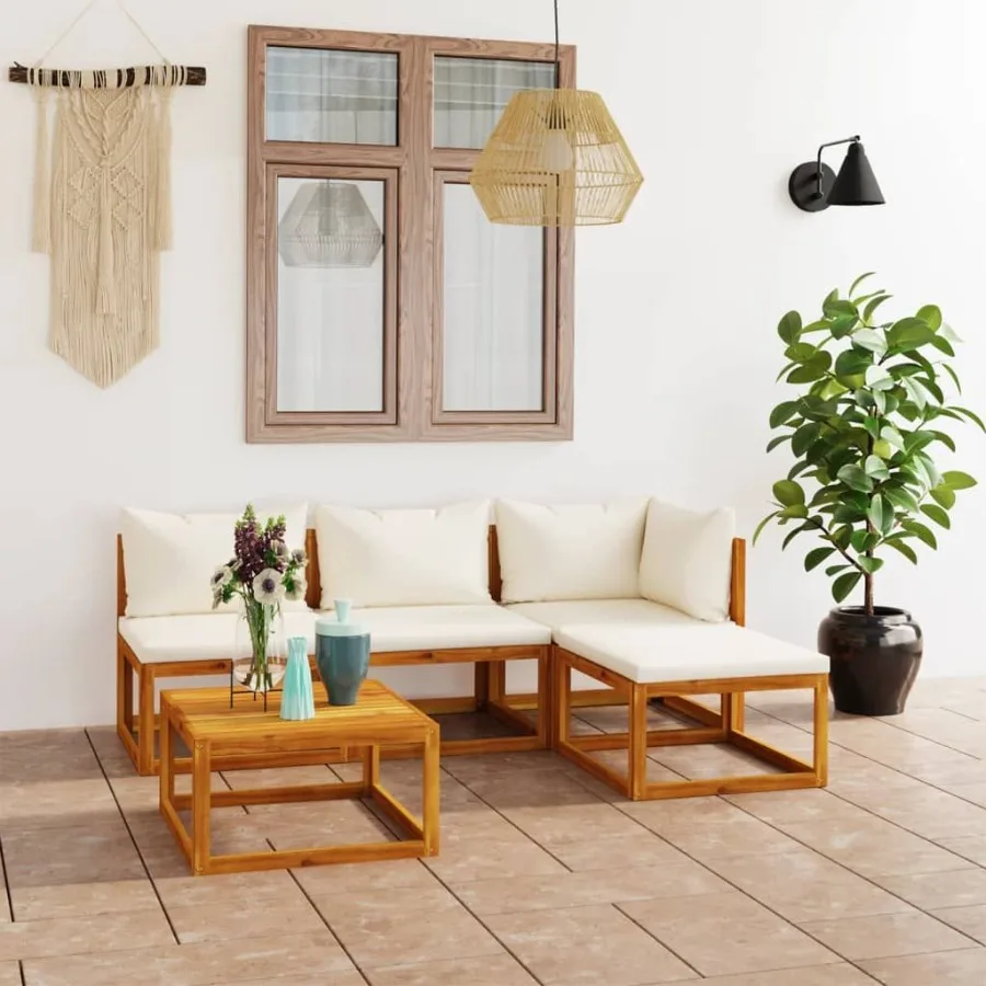

5 Piece Patio Lounge Set with Cushion Cream Solid Acacia Wood