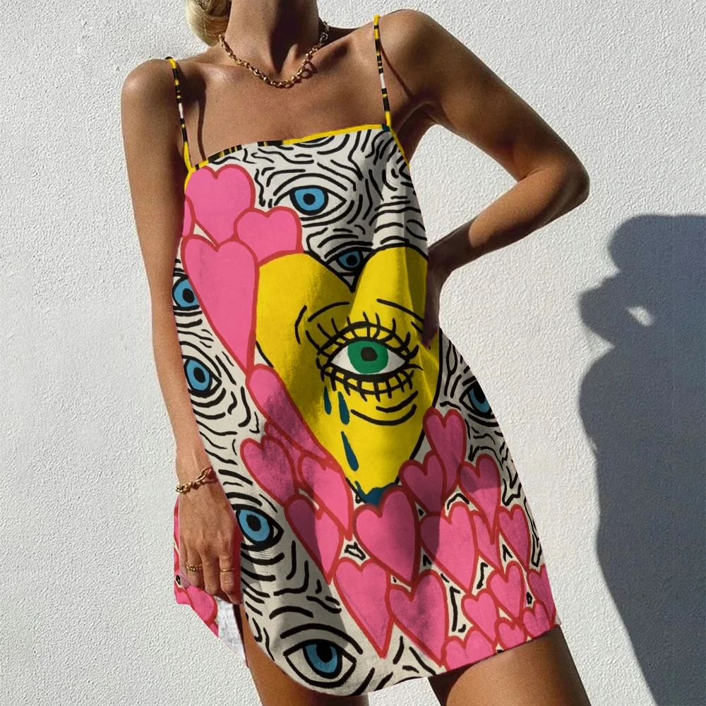 

Women's Pink Love Contrasting Eye Print Mini Sleeveless Dress, Female Casual Dress, Cartoon Traf, Chic, Beach Party Dresses