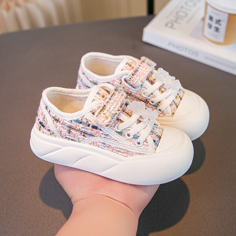 Children White Canvas Shoes Toddler Girls Casual Sport Shoes Soft Rubber Sole Sneakers Striped Skate Shoes Autumn Spring 5-16Y