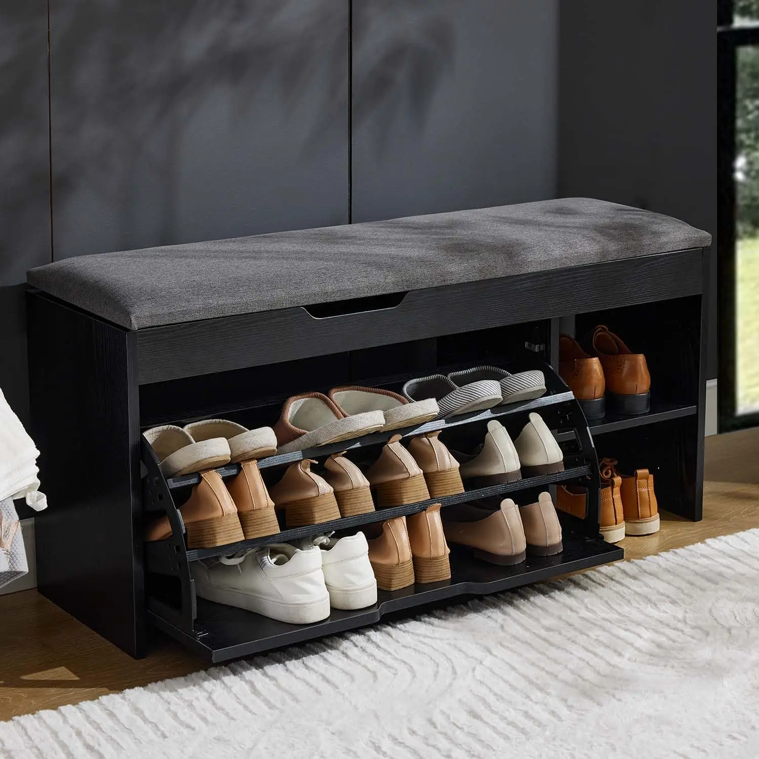 Shoe Storage Bench Flip Drawers & Lift Top, Entryway Cushion Seat, 3-Tier Adjustable Shelves for Hallway Living Room, Customized