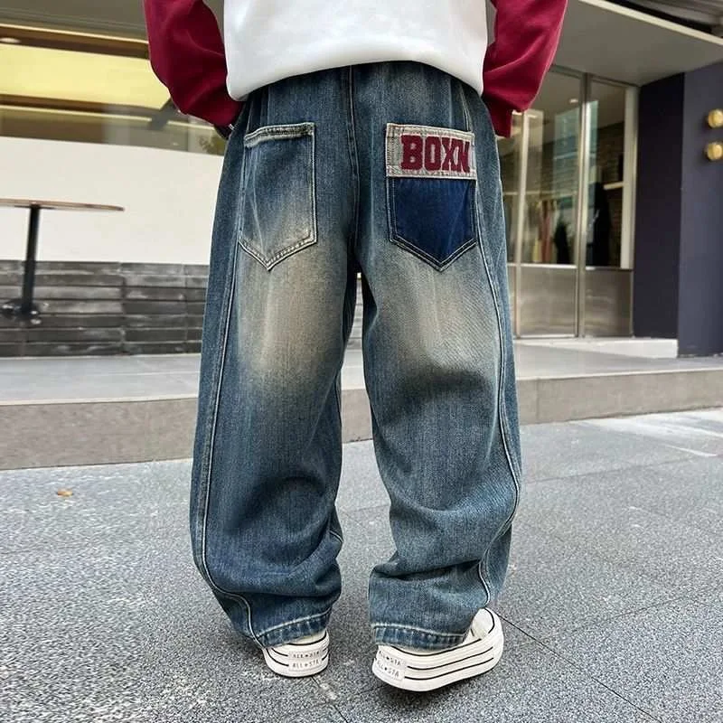 New Teenagers Boys Jeans with Pockets Letter Children Wide Leg Denim Pants for Kids Loose Trousers Spring Autumn 4-15 Yrs