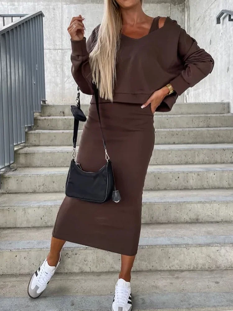 

Elegant Women Long Sleeve Tops And Dress Set Female Office Slim Midi Dress Two Piece Set Casual Street Wear Solid Dress Outfits