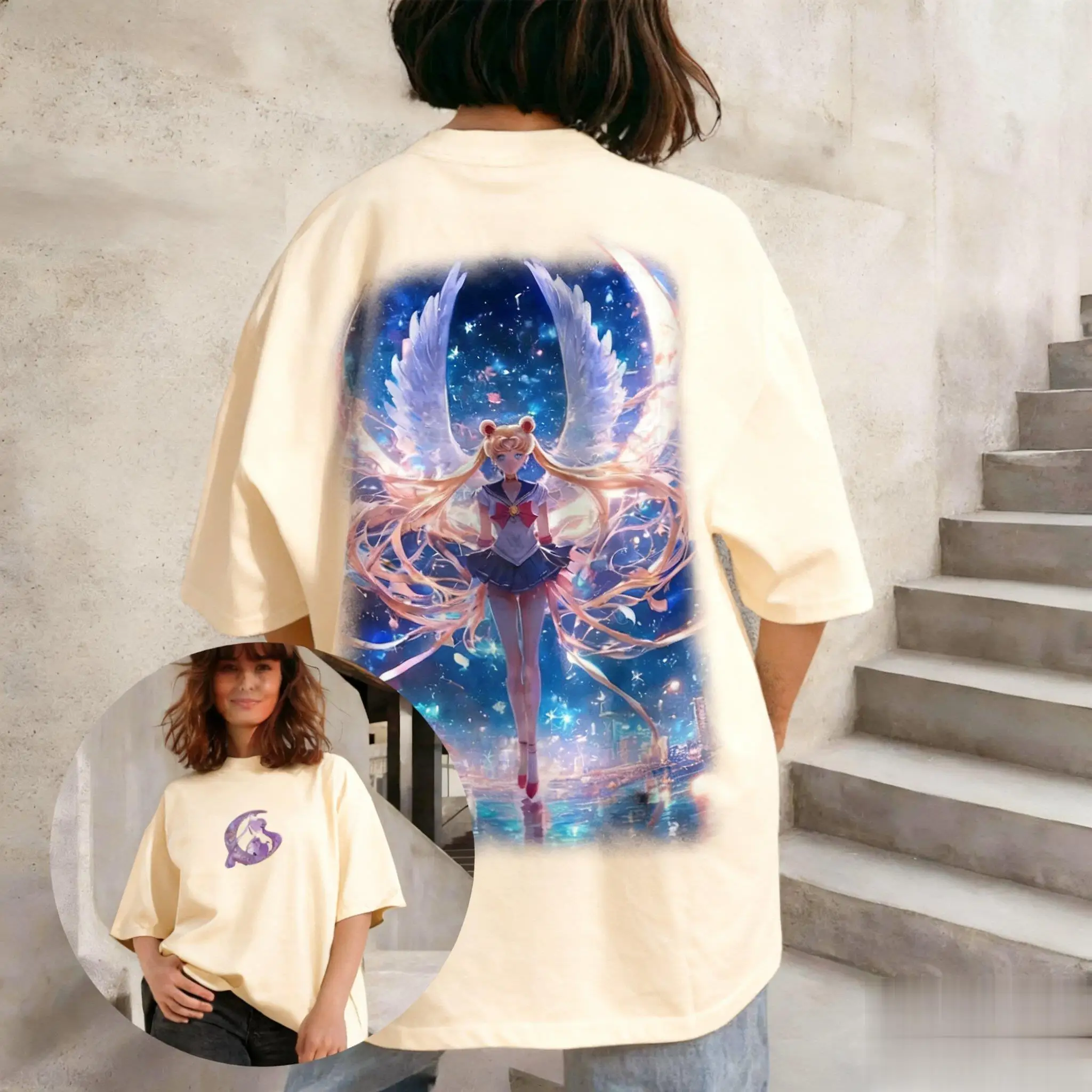بحار القمر أنيمي تي شيرت مطبوع الرجال النساء المتضخم خمر الصيف عادية القطن قصير الأكمام الشارع الشهير الجرافيك المحملة Y2k الملابس