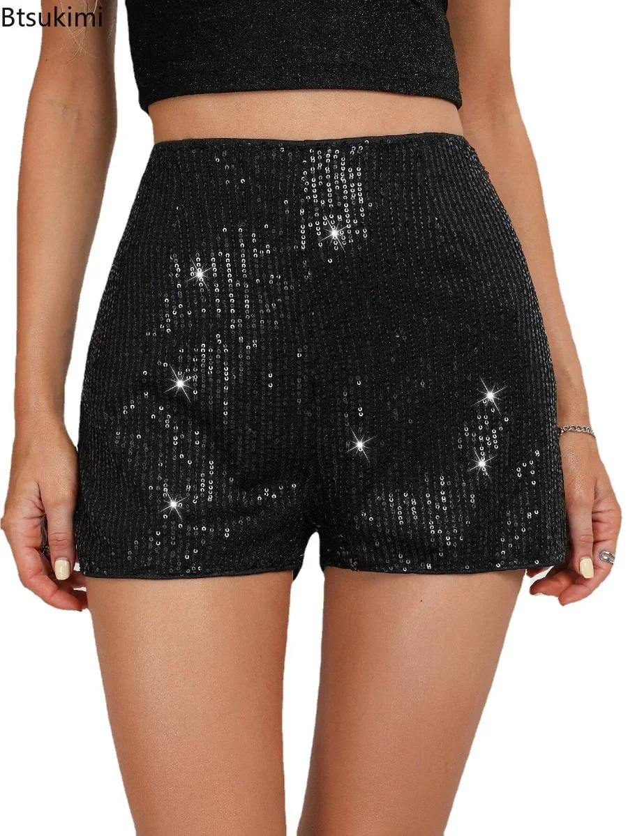 Nuovo 2025 Pantaloncini metallici bling estivi da donna Paillettes femminili a vita alta Nero Skinny Party Nightclub Dance Bottoms Hot Girls Wear