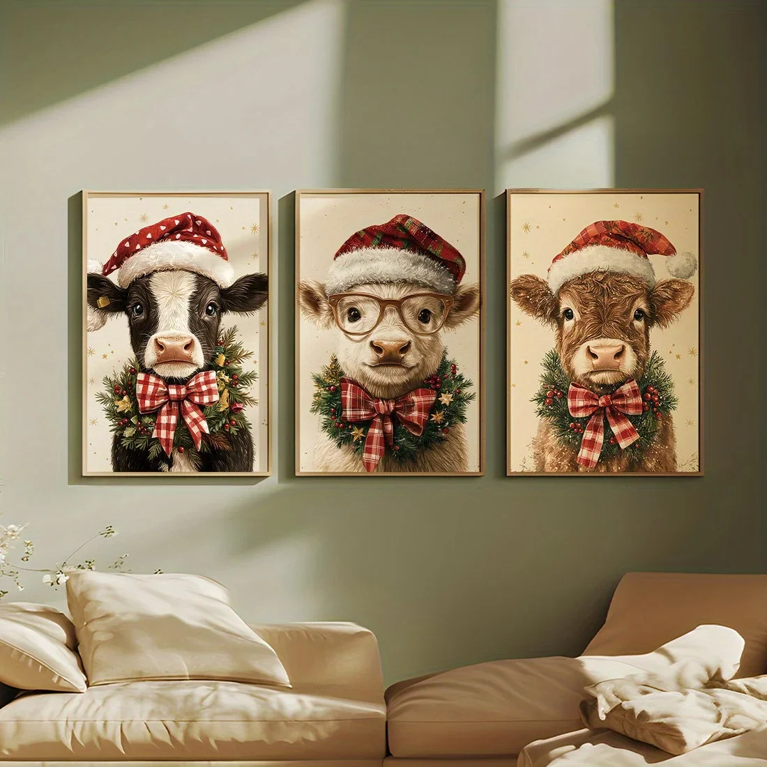 3pcs frameless Canvas Painting 3pcs/set Christmas Cow Animal Canvas Print Bowknot Christmas Hat Farm Animal Wall Art Poster for