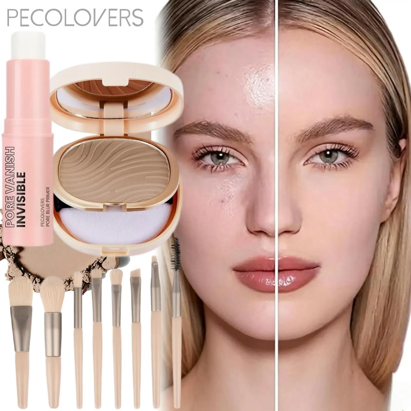 Face Makeup Set-1 Transparent Pore-Closing Stick+1 Oil-Control Loose Powder+8pcs Makeup Brush Tool,Summer Waterproof Travel Set