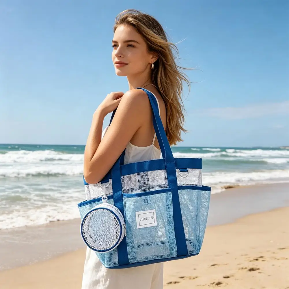 Beach Bag Sand Resistant Beach Bag Mesh Beach Tote Bag Family Vacation Storage Pouch Quick-drying Sand-proof for Outdoor