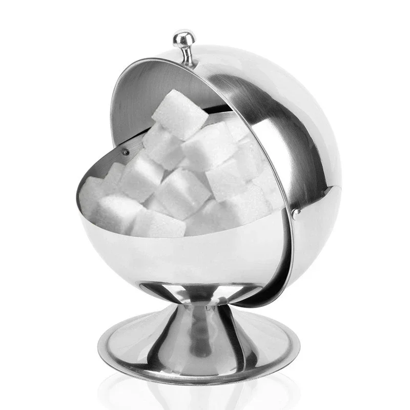 Stainless Steel Spherical Sugar Bowl Flip Top Seasoning Pot Reversible Storage Jar Cube Sugar Container Condiment Can for Kitch