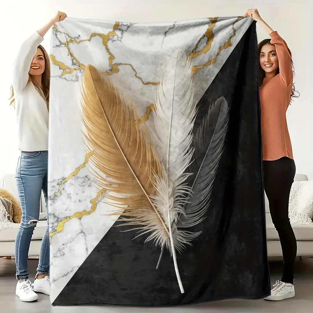 Throw Blanket Marble Texture Feather Print Grey Black Gold Soft Cozy Wrap For Luxury Living Room And Sophisticated Home Decor