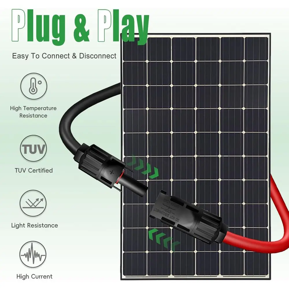 كابل تمديد للطاقة الشمسية بسلك مزدوج 100 قدم - 10AWG (6 مم2) سلك نحاسي معلب للوحة الشمسية للأماكن الخارجية والسيارات والمركبات الترفيهية والقوارب والبحرية