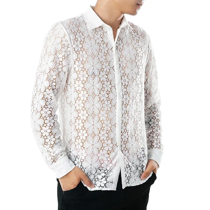 2022 Autumn College style unique Sexy lace design shirts men casual slim whole body lace shirts for men,size S-XXL