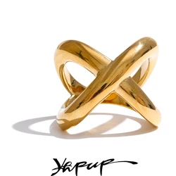 Yhpup 6789# PVD Plated Statement Stainless Steel X-Shape Geometric Finger Ring Waterproof Smooth Metal Handmade Polished Jewelry