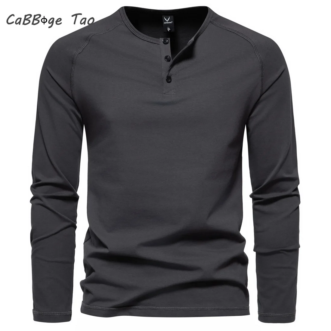 Spring New Men\'s Henry Neck Long Sleeved T-shirt Casual Slim Fit Solid Color Bottom Shirt Comfortable and Refreshing Top