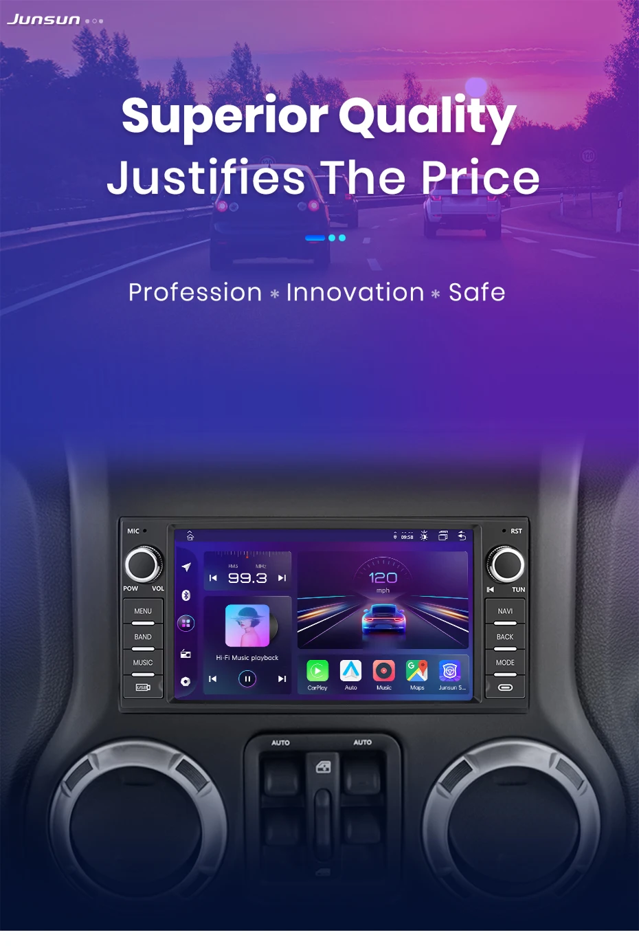 Junsun 7-Zoll CarPlay Android Auto Autoradio für Jeep Wrangler Dodge Grand Cherokee Chrysler 300C Patriot Command Caliber Challenger Multimedia Kabelloses Apple CarPlay Intelligentes System IPS Touchscreen Stereo-Videoplayer 2 Din Autoradio Haupteinheit – Detail 3