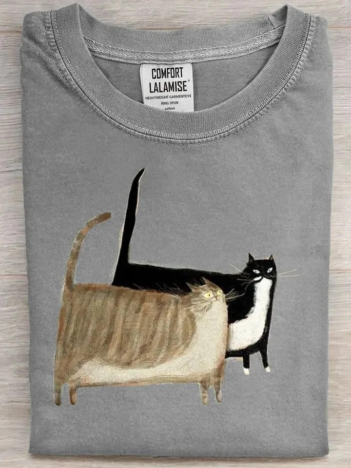 Cute Fat Cats Art Print Casual Short Sleeve T-shirt Summer T Shirt Casual Tops