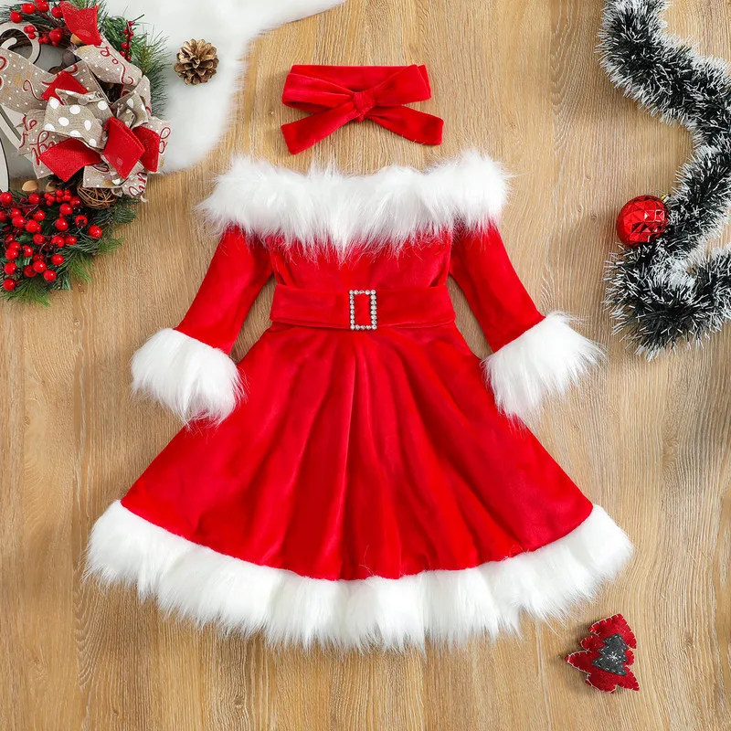 Christmas Dress Kid Baby Girl Clothes Faux Fur Patchwork Long Sleeve Off Shoulder A-Line Dress with Belt Bow Headband