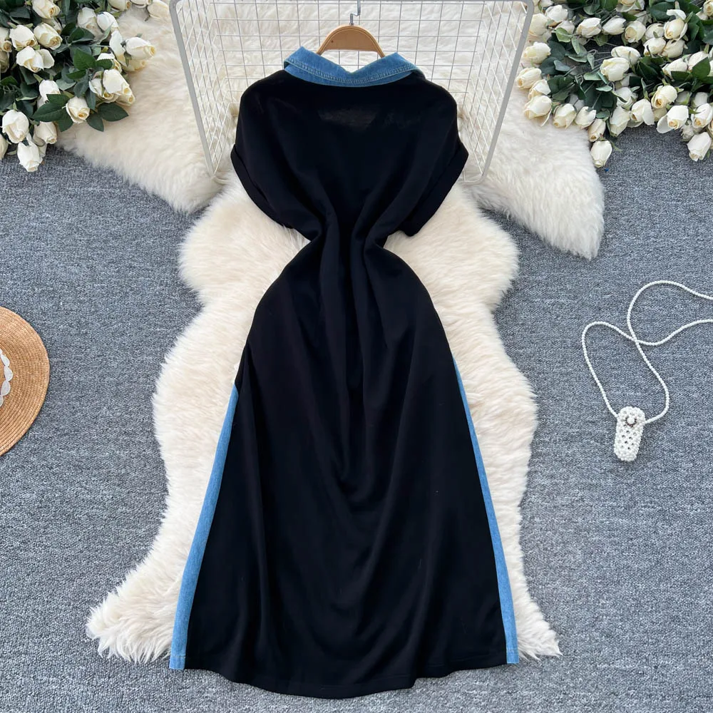 Elegancka sukienka letnia w stylu koreańskim boho, szyta z krótkim rękawem w stylu vintage, imitująca dwuczęściowy krój, z rozcięciem, w stylu fairy.