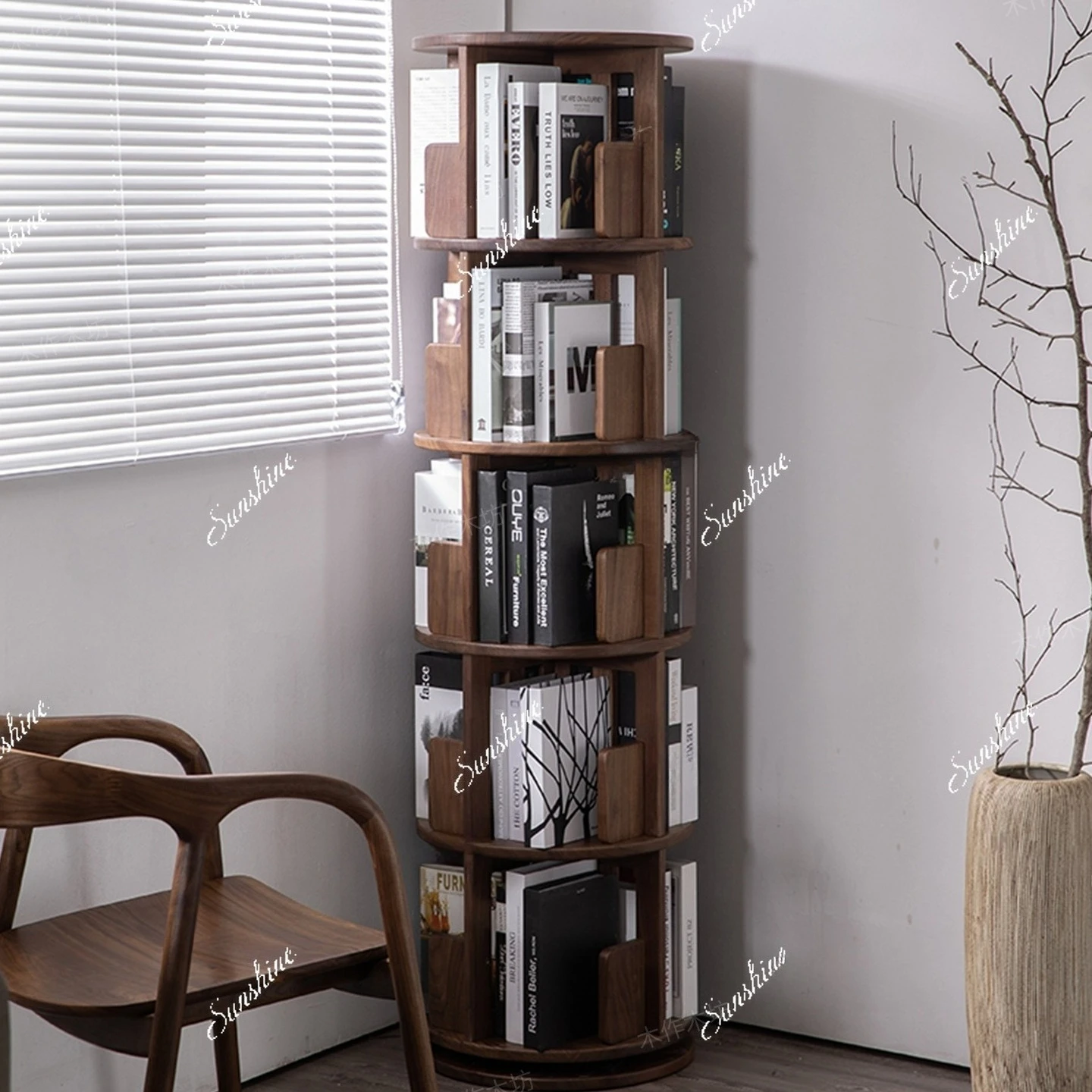 Black walnut solid wood rotating bookshelf 360 degree bookcase household floor cabinet