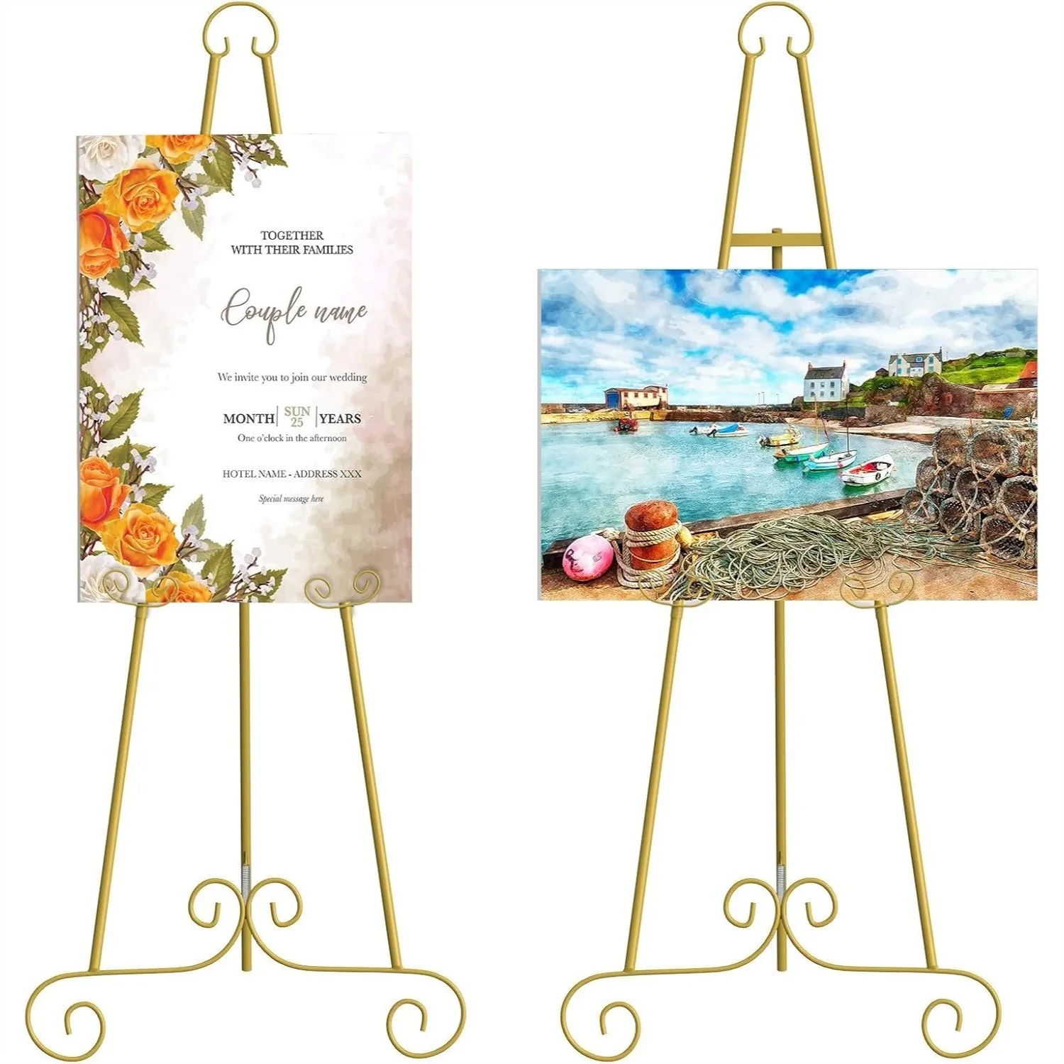 

2 Pack Metal Round Tube Scroll Display Easel, Vintage Gold Adjustable Floor Standing Easel with Chain Support for Pictures