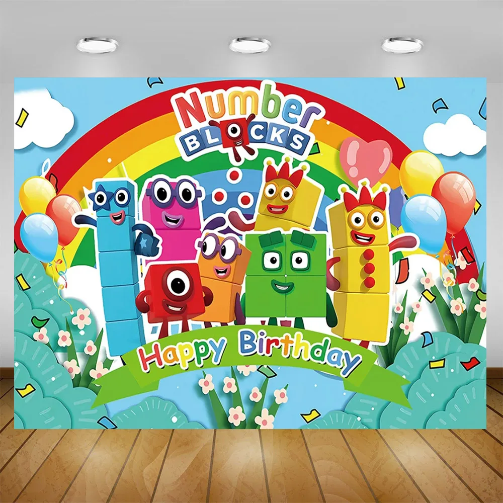 Cartoon The Number Building Blocks Theme Birthday Party Decoration Balloon Banner Cake Topper Backdrop Baby Shower For Kids Gift