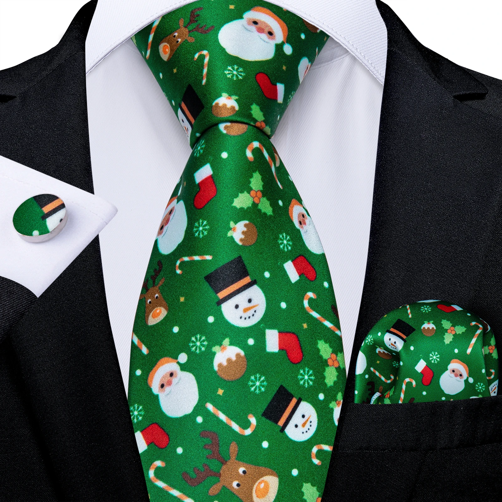 

Green Christmas Silk Ties for Men Cartoon Santa Claus Elk Candy Cane Print Party Accessories Necktie Pocket Square Cufflink Gift