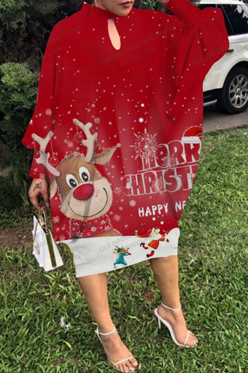 Vestido de fiesta de alce de Navidad para mujer, a la moda de manga larga vestido de noche, Vestidos Maxi de gran tamaño, vestido de verano rojo de Feliz Navidad