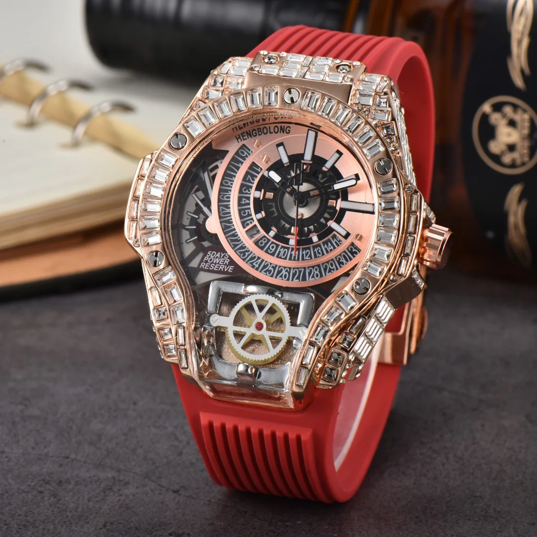 Full diamond Case Business Luxury Top Mens Watches Rubber Strap Color Style Quartz Watch Men AAA Clocks Relogio Masculino