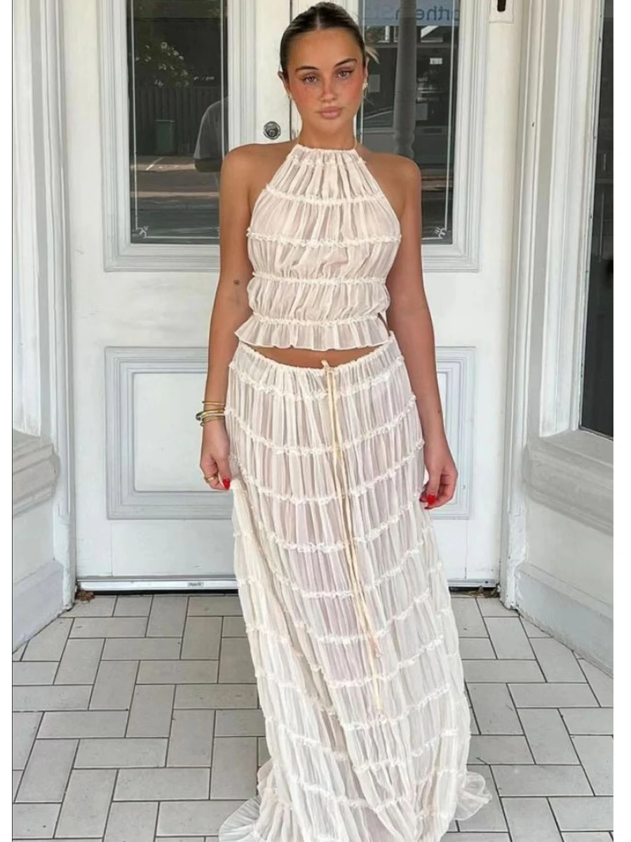 Conjunto de dos piezas de moda para mujer, Top sin mangas con cuello Halter y espalda descubierta, conjunto de falda larga lisa, Falda larga plisada para mujer, traje de vacaciones
