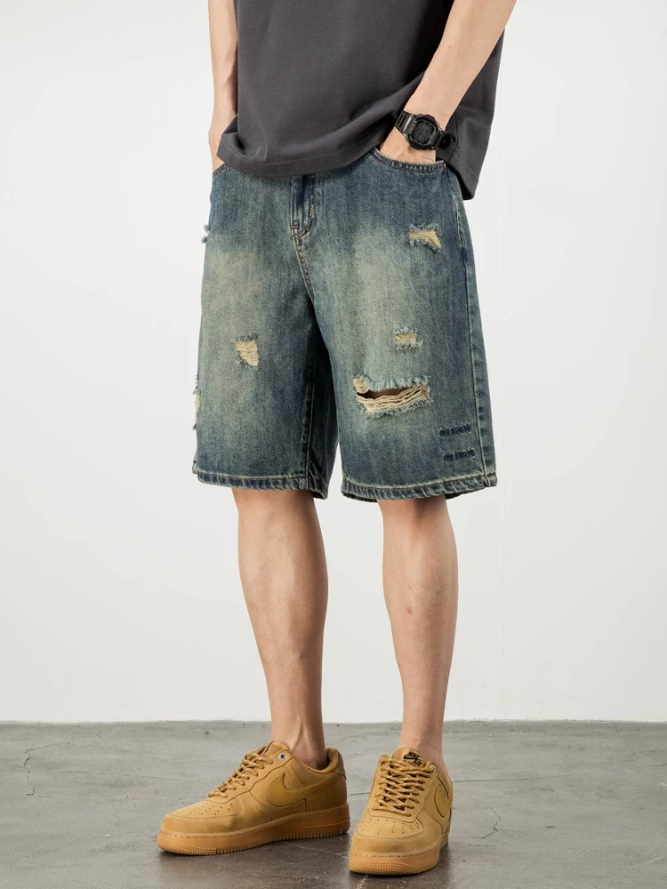 

Мужские джинсы-брюки из рваного денима в американском стиле, свободные, модные, винтажные, летние, универсальные, тонкие, прямые, длиной до колена