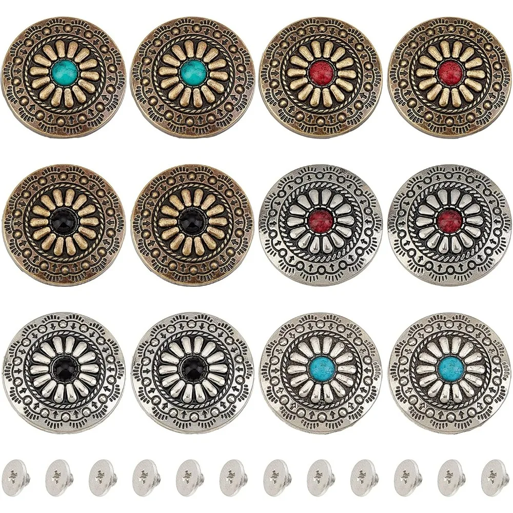 12Pcs 30mm Screw Back Buttons Concho Screw Back 6 Colors Replacement Vintage Western Style Turquoise Round Flower Buds Buttons