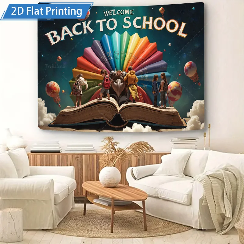 قطعة واحدة من نسيج الحائط للعودة إلى المدرسة، نسيج مطبوع ثنائي الأبعاد مع مشهد الكتب العملاقة وكتب قوس قزح #5