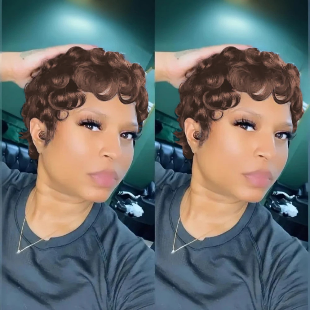 

Вьющийся волнистый парик, парик с стрижкой пикси, полностью машинный парик для женщин, парик на Хэллоуин, плотность 150%, 6 дюймов