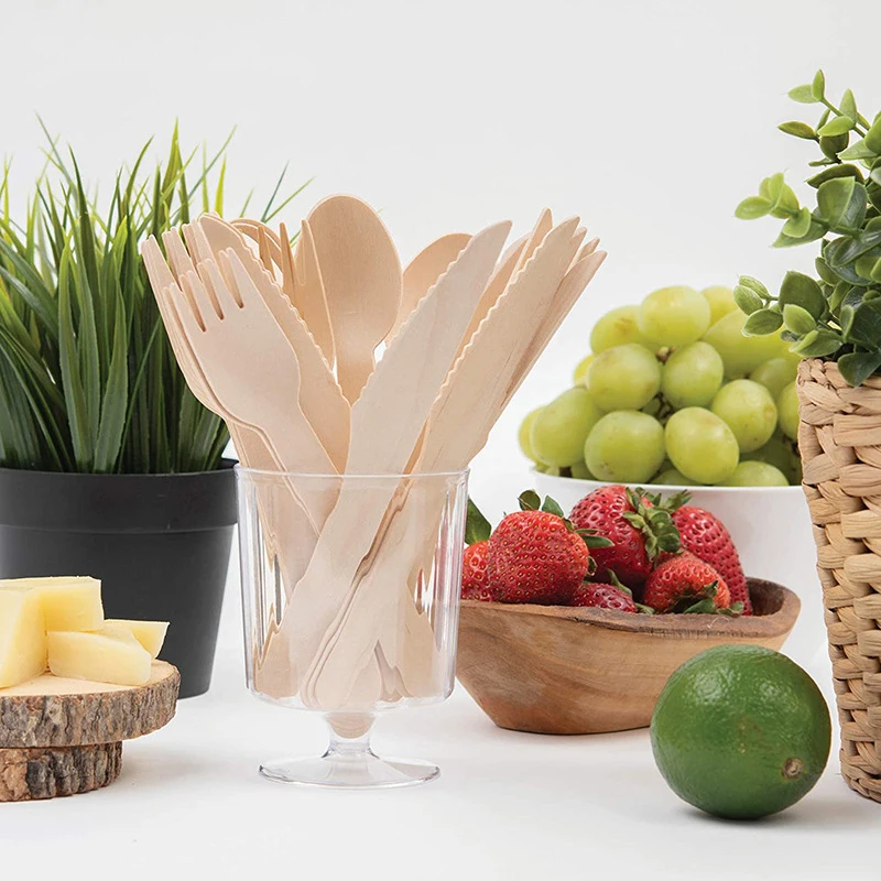 

100Pcs Disposable Wooden Cutlery Forks/Spoons/Cutters Knife Party Supplies Kitchen Utensil Dessert Tableware Packing Set