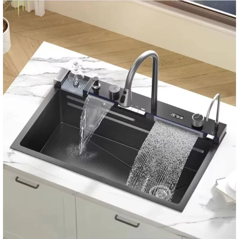 2026 Edition Smart LED Digital Display Kitchen Sink Multifunctional Modern Waterfall Stainless Steel Smart