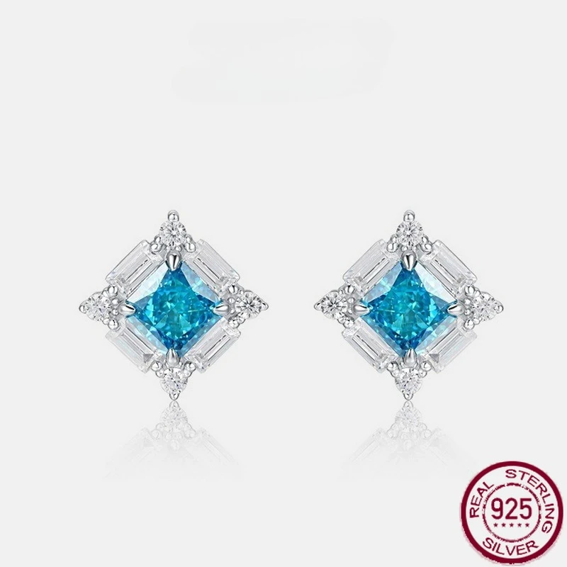 

New S925 pure silver high carbon diamond yellow color blue square luxury light luxury accessory earrings wedding jewelry