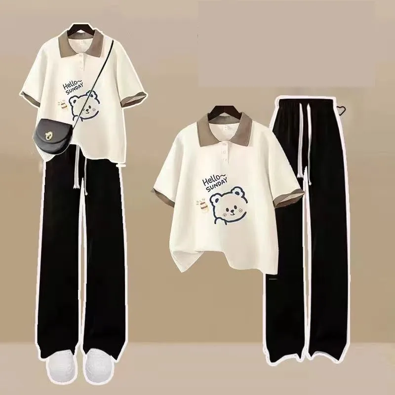 Women\'s Summer New Cartoon Loose Tracksuit Matching Set Korean Loose Bear Polo Short-sleeve T-shirt+Wide Leg Pant Two Piece Suit