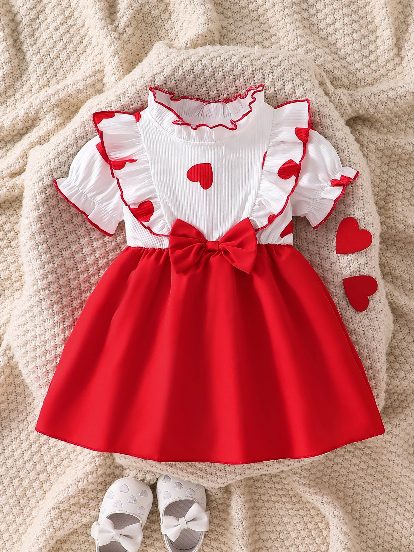 

Baby Dress Summer New Style Baby Girl Red and White Heart Princess Dress Short-Sleeved Bow One-Year-Old Dress