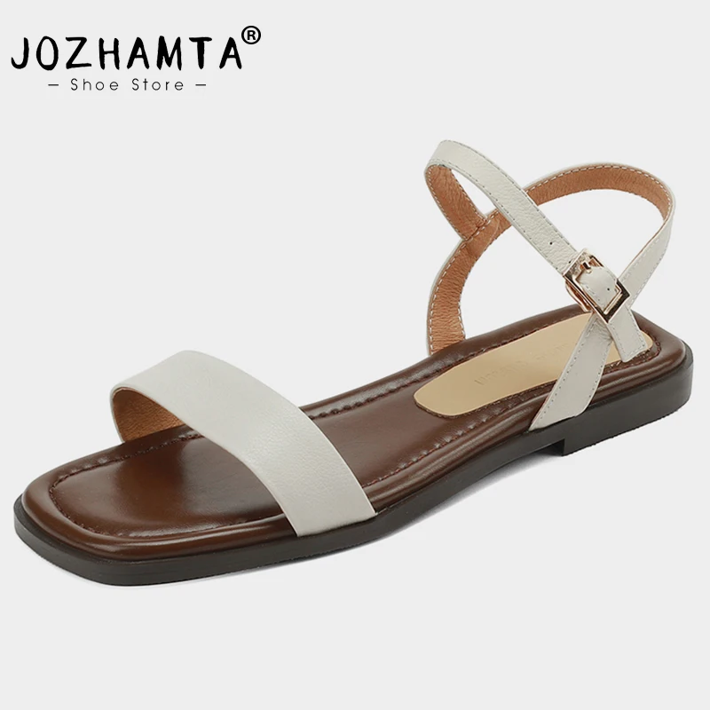 JOZHAMTA Size 32-43 Flats Sandals For Women 2023 Fashion Real Leather Low Heel Summer Shoes Buckle Strap Casual Flat Sandalias