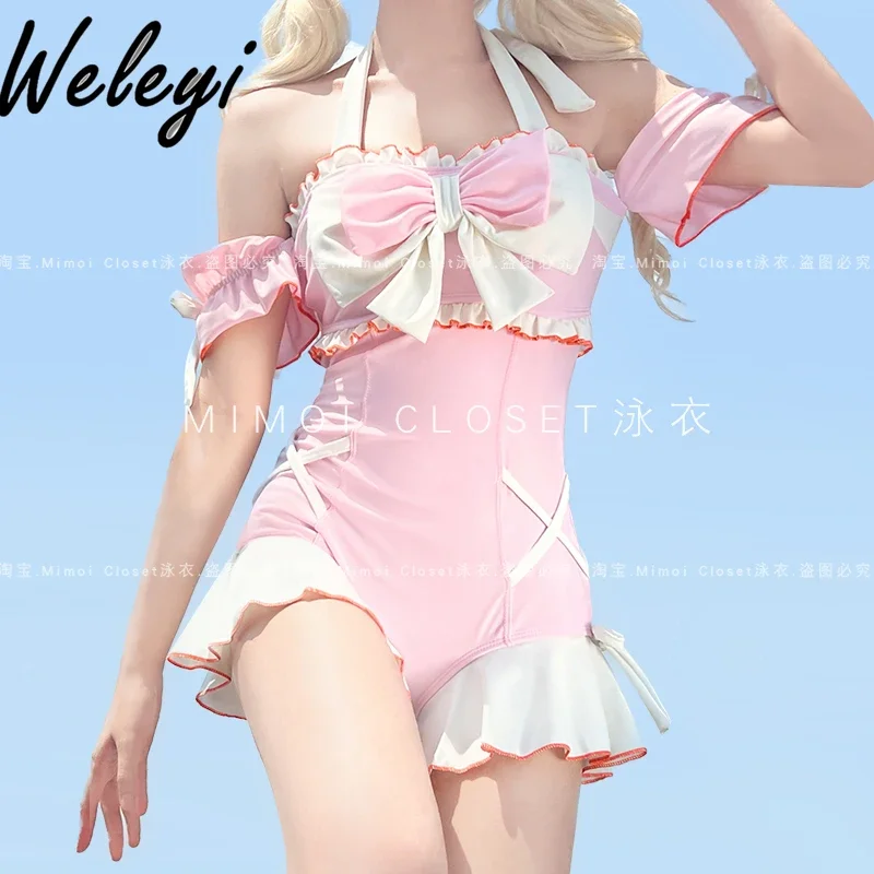 

Lolita Sweet and Cute Pink Suspender One-piece Swimsuit with Chest Pad 2025 Summer New Lined Halter Swimsuits for Women Swimwear