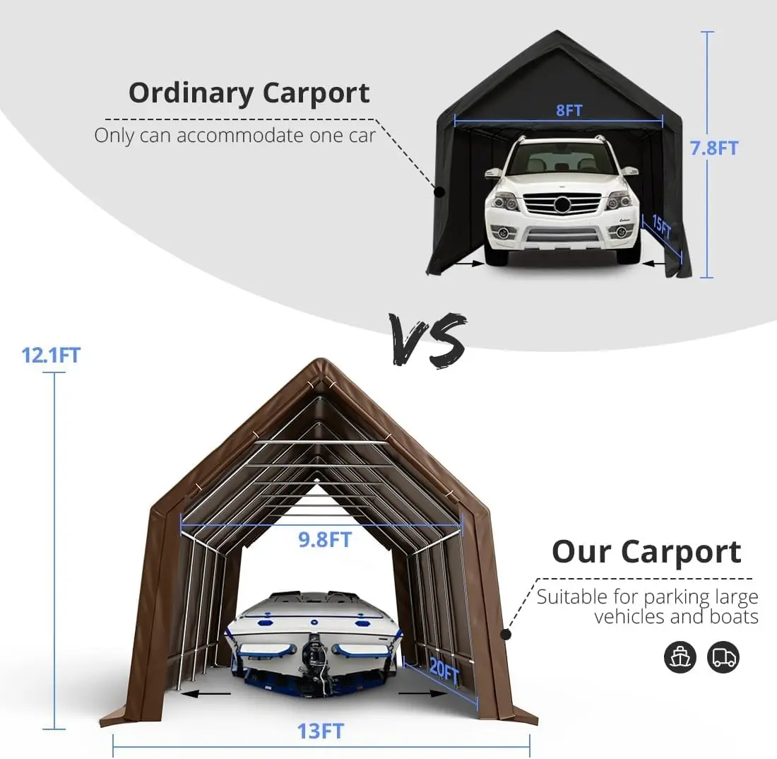 13' x 20' x 12' Duty Anti-Snow Carport voor full-size vrachtwagen en boot, buiten instant shelter met versterkte grondstangen-bruin