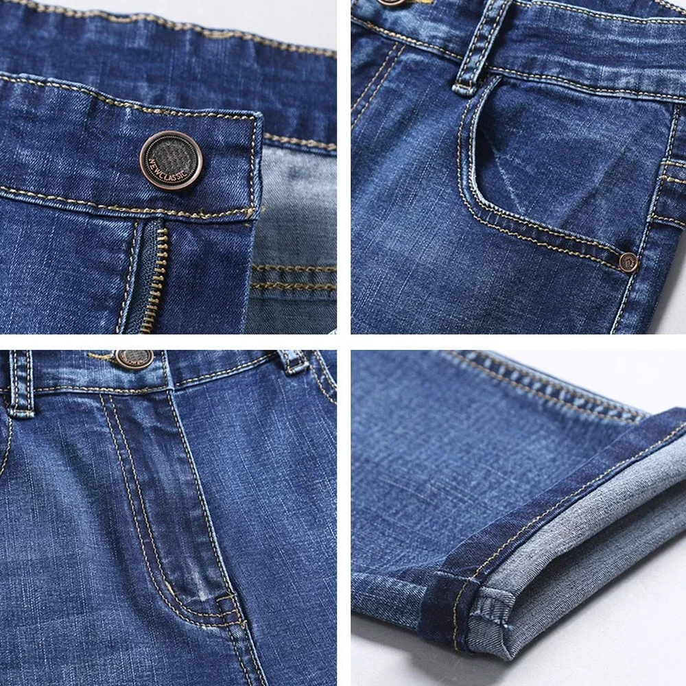 Baumwolle Neue Business Herren Klassische Denim Jeans Schwarz Blau Sommer Frühling Slim Fit Hosen Hohe Stretch Mode Dünne Männliche Hosen