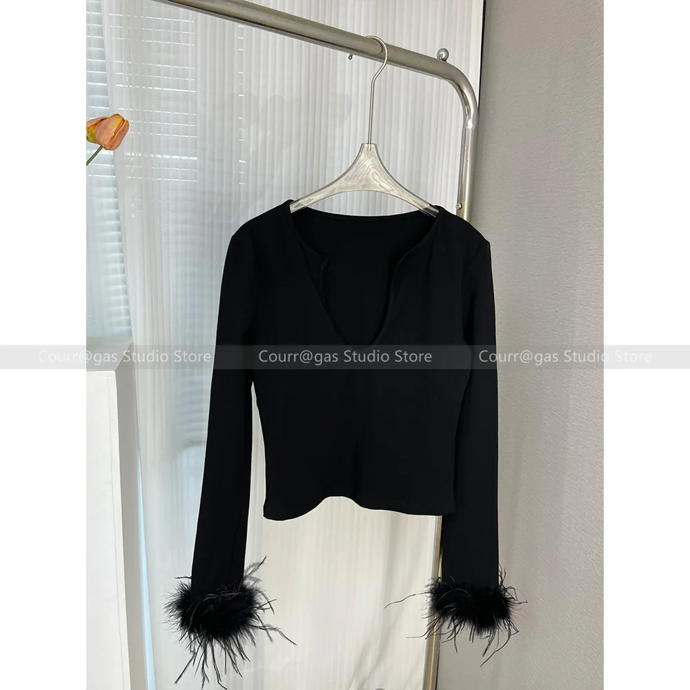 Design French retro versatile ostrich wool knitted long-sleeved deep V-neck sexy slim top