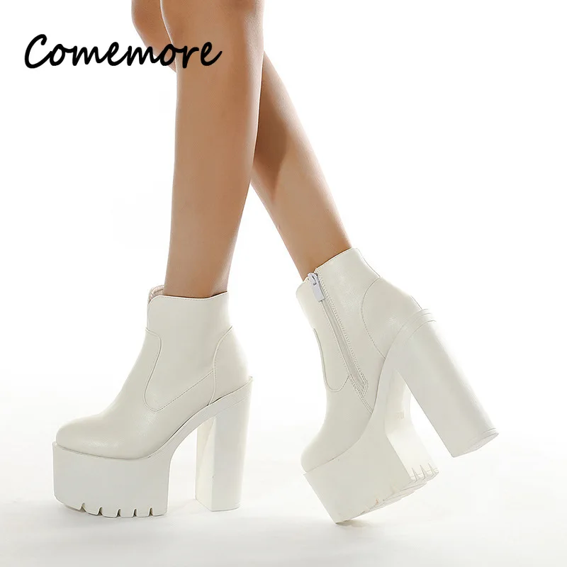 Women's Block Heeled Ankle Boots Fashion Side Zipper Thick Platform Short Booties Comfort Faux Leather High Heels Female Shoes